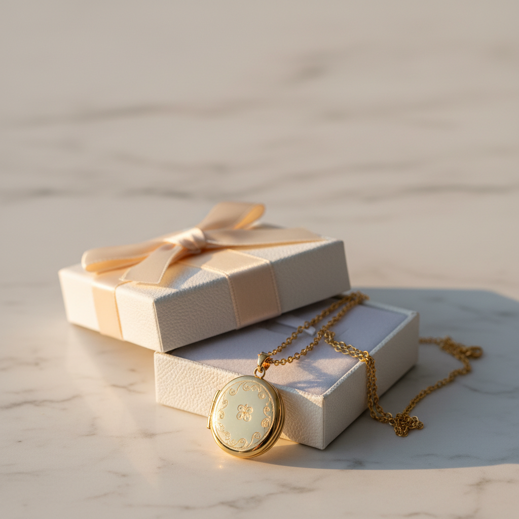Gift box with round gold pendant and chain on marble surface